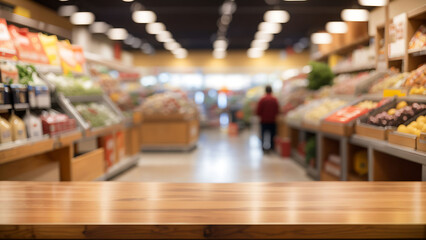 Fototapeta premium Empty wooden table with blurred background of a supermarket aisle with fresh produce and a customer shopping.