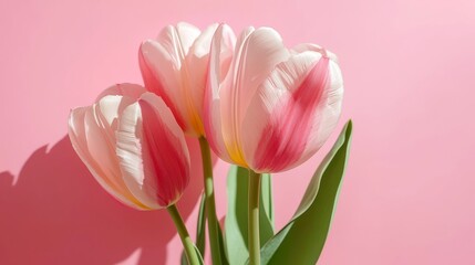 Fototapeta premium Delicate Pink Tulips on Soft Pink Canvas, vibrant blooms gently contrasting with a serene backdrop, embodying simplicity and elegance in floral design