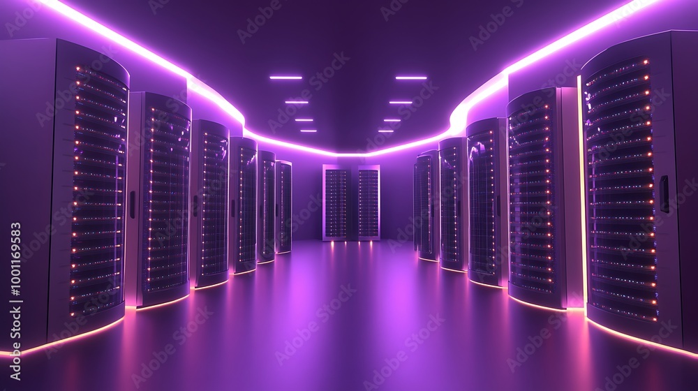 Aufkleber rows of servers in a futuristic data center with neon lights.