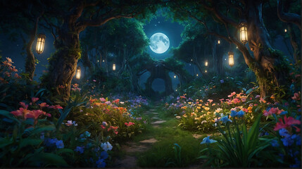 A magical forest path illuminated by lanterns under a full moon, with a stone archway and colorful flowers.