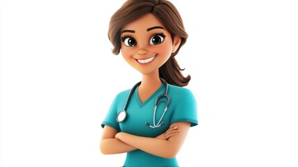 Cartoon nurse with a big smile, holding a stethoscope and standing proudly, isolated on white background.