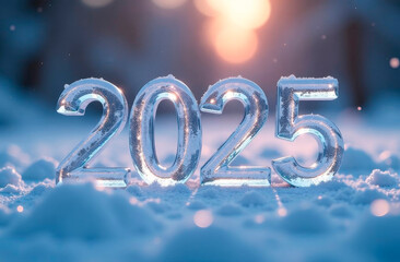 The numbers 2025 made of ice stand on the snow on a winter evening.