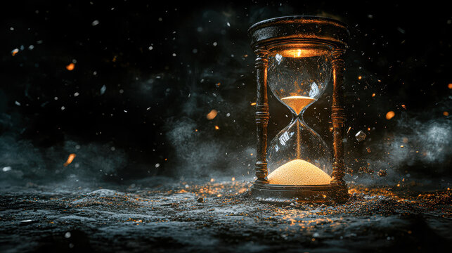 Symbolic Broken Hourglass with Scattered Sand on Dark Background Concept of Time Passing