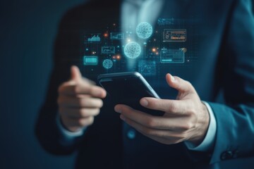 Businessman Analyzing Digital Data On Smartphone With Futuristic Interface Display