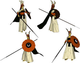 Vector sketch illustration of the design of a royal period female soldier at war holding a weapon and shield