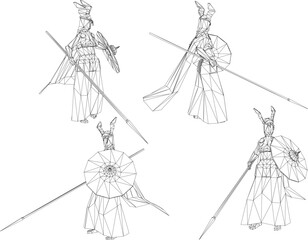 Vector sketch illustration of the design of a royal period female soldier at war holding a weapon and shield 