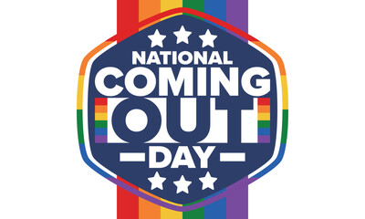 National Coming Out Day. Happy holiday. Pride month. LGBT rainbow flag. Diversity and equality. Gay and lesbian. Free love, heart shape. Illustration. Vector poster