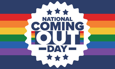National Coming Out Day. Happy holiday. Pride month. LGBT rainbow flag. Diversity and equality. Gay and lesbian. Free love, heart shape. Illustration. Vector poster