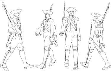 Vector sketch illustration of the design of soldiers in royal era uniforms lining up to prepare for war holding rifles