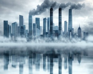 Futuristic cityscape with towering skyscrapers and industrial chimneys emitting smoke, reflected in a serene body of water beneath a cloudy sky.