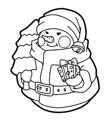 Snowman with Christmas tree and gift in hands. Isolated on white. Coloring page. Black line. Children's drawing.