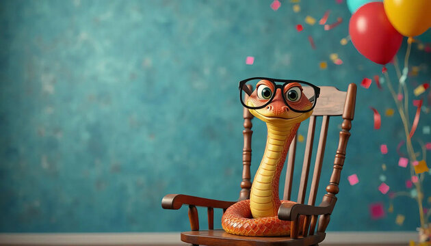 Feliz anivers&aacute;rio. Cobra animada com &oacute;culos sentada em uma cadeira de balan&ccedil;o, cercada por bal&otilde;es e confetes coloridos, em um ambiente festivo. Anivers&aacute;rio da cobra. Sogra. Convite. Parab&eacute;ns.