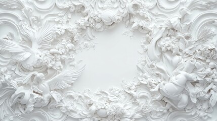 Elegant white Rococo pattern backdrop, intricate designs featuring floral and ornate motifs, perfect for enhancing the visual appeal of upscale events or presentations.