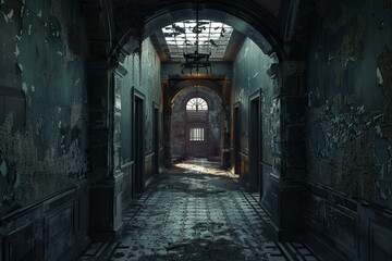 Sun shining through broken windows illuminating a deserted hallway with crumbling interior design