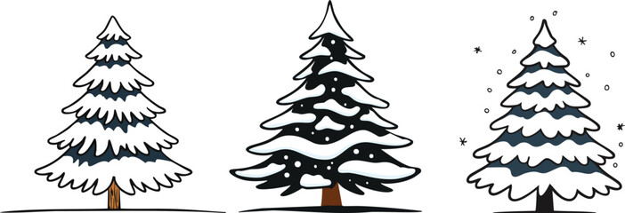 Snow Covered Spruce Trees Collection. Set of Christmas Trees in Snow Isolated Transparent Background