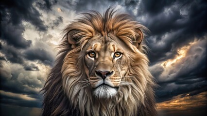 Fototapeta premium A Majestic Lion With Piercing Eyes Stares Intensely Against A Dark, Ominous Background.