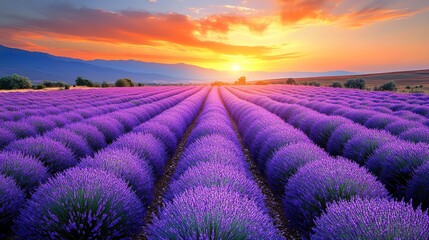 A beautiful sunset over rows of purple lavender fields.