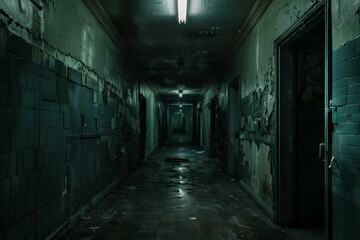 Fototapeta premium Long, dark and eerie hospital corridor is showing signs of decay with peeling paint, water damage and stained tiled walls
