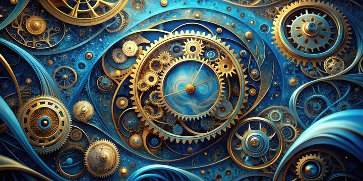 A mesmerizing abstract background featuring swirling clock gears, cogs, and clock faces in shades of blue and gold, representing the passage of time and its complexity.