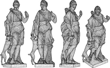 Vector sketch illustration of the silhouette design of a statue of a Greek Roman woman with her dog in a classic vintage ethnic style