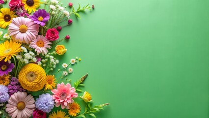 Colorful flowers arranged on a green background with space. Banner, card for spring, summer, gardening with copy space