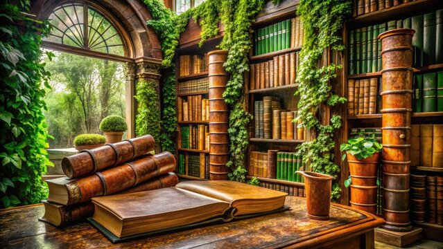 Ancient philosophical scrolls and ornate leather-bound tomes surrounded by lush greenery, creating a rich, scholarly atmosphere reminiscent of a bygone era of intellectual discovery.