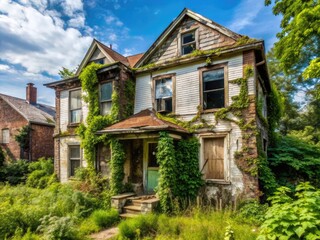 A neglected property with broken windows, overgrown gardens, and peeling paint, awaiting transformation, highlighting the unseen costs and consequences of unpermitted renovations.