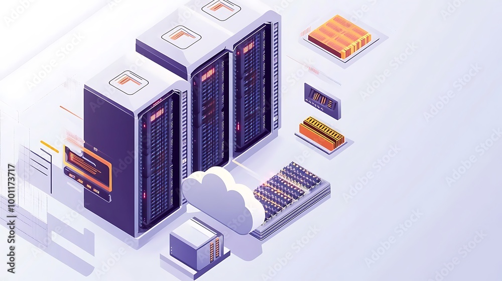 Poster Isometric illustration of server racks with cloud computing concept.