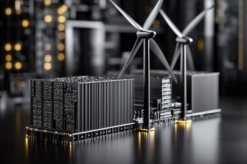 Modern data center and wind turbine on black background, representing renewable energy and technology integration.