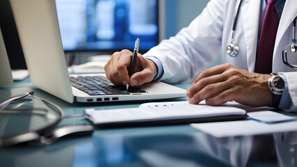 Close-up of a doctor working on a computer in the hospital doing paperwork by computer