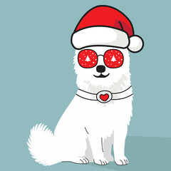 White Dog with Santa Hat Vector | Christmas-Themed Dog Clipart | Festive Pet Illustration | White Dog in Santa Hat and Glasses | Christmas Dog in Santa Hat Vector Art | Festive Pet Clipart