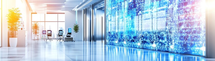 Modern lobby with high-tech digital wall, sleek design, and bright lighting, showcasing futuristic technology and contemporary aesthetics.