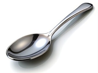 A shiny metal spoon isolated on a transparent background, casting a subtle shadow, perfect for use in cooking, food, or kitchen-related design projects.