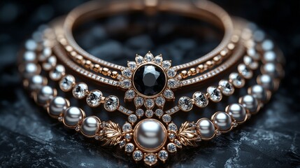 Obraz premium Luxurious Pearl and Diamond Choker in a Black and Gold Setting generative ai