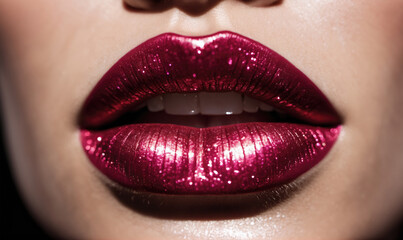 A close-up shot of a woman's lips with red glitter lipstick