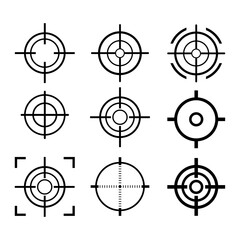 Target aim set. Crosshair target weapon sniper army sight for gun or rifle. Focus on aim set. Sniper target navigation for shooting, optic crosshair, weapon, military, shooting game and accuracy.