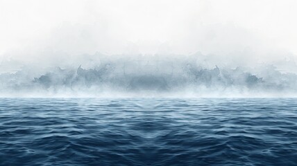 Fototapeta premium Watercolour banner, Abstract artwork depicting serene and misty ocean scene with calm, deep blue waves and foggy horizon blending into sky. tranquility and vastness, for peaceful