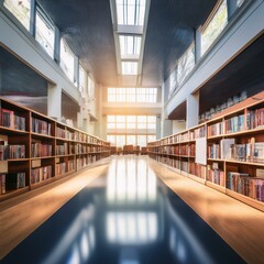 Fototapeta premium A defocused, abstract portrayal of an empty college library interior creates a serene ambiance, ideal for conveying themes of education or bookshop businesses