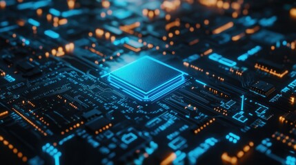 Abstract Close Up of a  Circuit Board  with Glowing Blue and Orange Lights