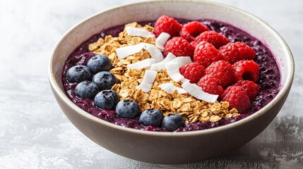 Delicious Berry Smoothie Bowl Topped with Granola and Coconut Flakes