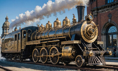 Naklejka premium A historic steam locomotive chugs through a train station, its wheels churning and smoke billowing from its stack