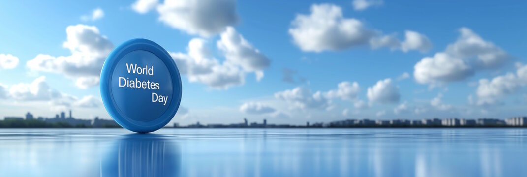 Blue Coin with World Diabetes Day Text Against Sky and Clouds Reflection Concept
