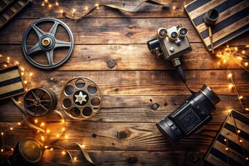 Fototapeta premium A vintage-style film strip with retro cameras, movie reels, and clapboards scattered across a distressed wooden desktop, surrounded by subtle lighting and cinematic textures.