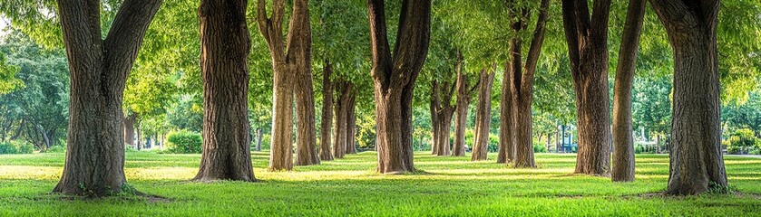 Serene park pathway lined with lush, tall trees casting long shadows on the vibrant green grass, under a bright blue sky.