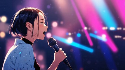 Anime woman singer illustration, singing on the stage with mic, blurred neon lights background.
