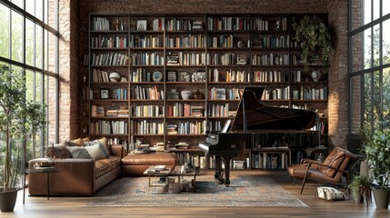 Fototapeta premium Cozy living room with a grand piano and large bookshelf