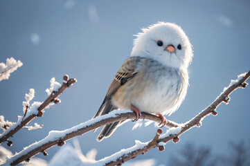 A snowy park in sapporo, an albino long-tailed tit bird