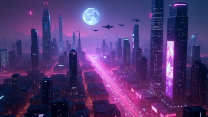 Obraz premium Generative AI, a futuristic city with a futuristic clock tower at night time, with a lot of lights on the buildings, unreal 5, a detailed matte painting, retrofuturism 