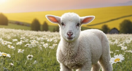 Obraz premium White sheep on green grass floral meadow