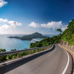 An asphalt road winds past a picturesque viewpoint on the island, offering stunning vistas and a scenic drive for travelers to enjoy